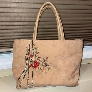 SUEDE EMBROIDERED AND BEADED BAMBOO HANDBAG